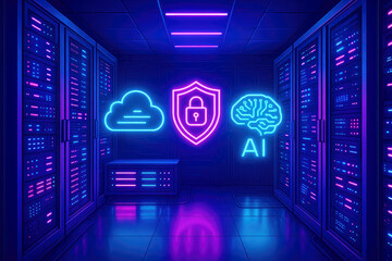 Neon lit server room with AI, cloud, and security icons in a digital network environment data center