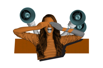 Collage image poster of angry woman with closed eyes demanding equal rights protest parade isolated on drawing background