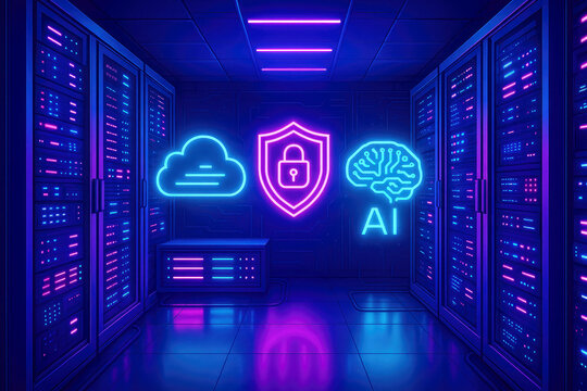 Neon lit server room with AI, cloud, and security icons in a digital network environment data center