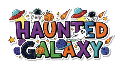 Haunted Galaxy: A whimsical, vibrant illustration, conjuring the spooky charm of space and Halloween, beckons with cosmic pumpkins, grinning ghosts, and interstellar astronauts. 
