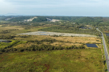 Aerial view of a large solar power plant construction site near Kushiro Wetland, Hokkaido, Japan – Editorial Use Only