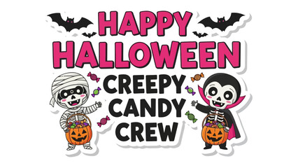 Halloween Candy Crew: An illustration capturing the whimsy of Halloween with the fun characters and the playful spirit of the holiday. A vibrant display of a mummy and a vampire. 