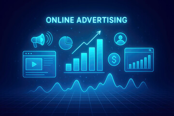 Online advertising concept with glowing neon icons and financial graphs on a grid digital marketing