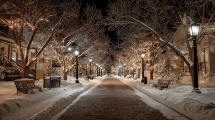 A charming snowy street illuminated by holiday lights, with softly glowing lamps and decorated trees lining the path. The peaceful scene evokes a sense of warmth and community during the holiday