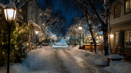 A charming snowy street illuminated by holiday lights, with softly glowing lamps and decorated trees lining the path. The peaceful scene evokes a sense of warmth and community during the holiday