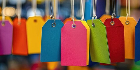 Close-up of colorful sale tags hanging in various vibrant hues- representing retail- discounts- and shopping themes.
