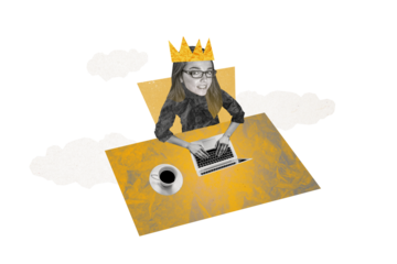 Creative collage picture young woman freelancer remote job worker royal headwear crown laptop computer cafe coffee cup drink
