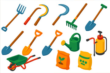 Bright Farm Tools Icons. Isometric vector illustration set Agricultural Tools: pitchfork, sickle, scythe, rake, hoe, shovel, spade