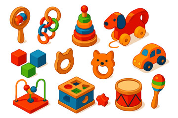 Fototapeta premium Colorful Wooden Baby Toys. Isometric vector illustration set Wooden Baby Toys: wooden rattle, wooden teether, stacking rings, pull