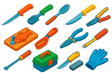 Fishing Tools Icons. Isometric vector illustration set Fishing and Gutting Tools: fillet knife, fish scaler, gutting spoon, bait