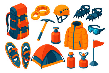 Mountain Trekking Gear. Isometric vector illustration set Mountain Trekking: large hiking pack, climbing rope, helmet, ice axe,