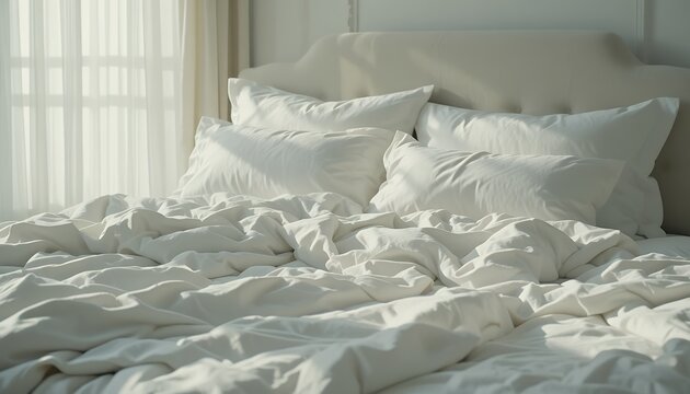 soft natural morning light illuminating an unmade bed with white linens and pillows creating a