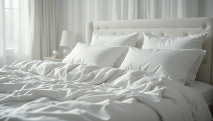 Bright cozy bedroom with neatly arranged white pillows and rumpled sheets in soft daylight