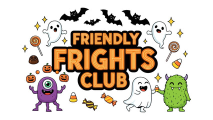 Friendly Frights Club: A whimsical scene filled with adorable monster and ghost characters set amidst playful elements. a lighthearted scene for halloween time.