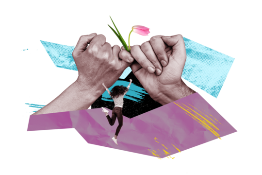 Composite photo collage of happy girl jump back hand hold pinky trust together tulip flower greeting holiday isolated on painted background
