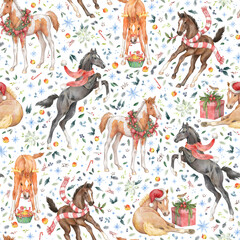 Naklejka premium Christmas equestrian seamless pattern with cute foals and holiday decorations. Hand drawn watercolor set with horses, holly berries, treats, apples, poinsettia and lettering on white background