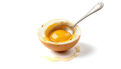 Delicate Raw Egg Yolk in a Broken Brown Eggshell With a Spoon Resting Inside, Ready for Cooking or Baking