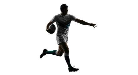 Silhouette of rugby player running with ball on white background