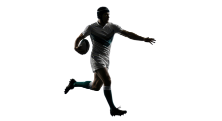 Silhouette of rugby player running with ball on white background