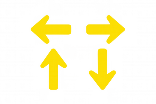Yellow arrows pointing up, down, left, and right, indicating direction, navigation, and choice on transparent background - Powered by Adobe
