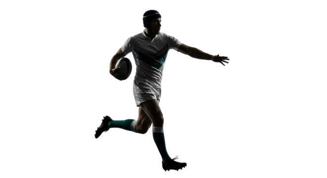 Silhouette of rugby player running with ball on white background - Powered by Adobe