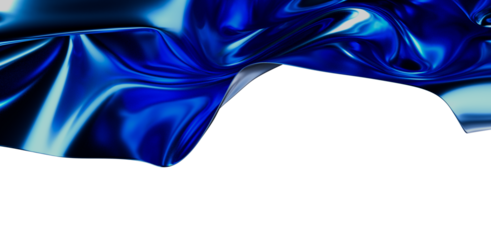 Dynamic abstract blue satin fabric floating with light reflections on a white background, perfect for modern designs, textures, and backgrounds.