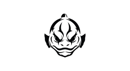 Black and white evil clown face logo on white mask