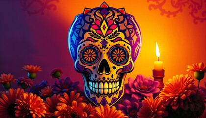 Obraz premium Colorful Sugar Skull Decoration Surrounded by Vibrant Marigolds and Candlelight, Capturing the Essence of Día De Los Muertos Celebration