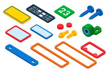 Car Plate Components. Isometric vector illustration set Car plate mounting: License plate, Frame holder, Registration decal,