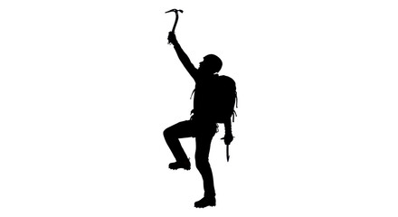 Silhouette of a climber with ice axe on white background