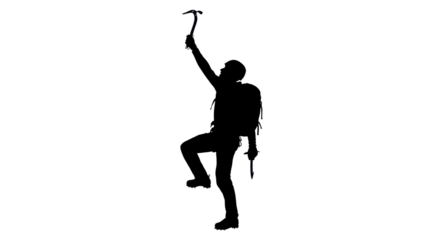 Silhouette of a climber with ice axe on white background