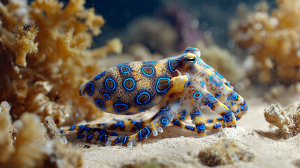 blue-ringed octopus beautiful bright octopus at the bottom of the ocean	