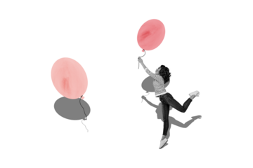 Composite trend artwork sketch image photo collage of copyspace miniature young lady jump levitate hand hold air balloons celebrate party