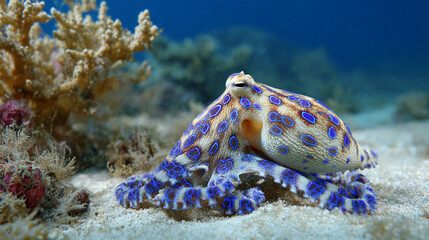 blue-ringed octopus beautiful bright octopus at the bottom of the ocean	