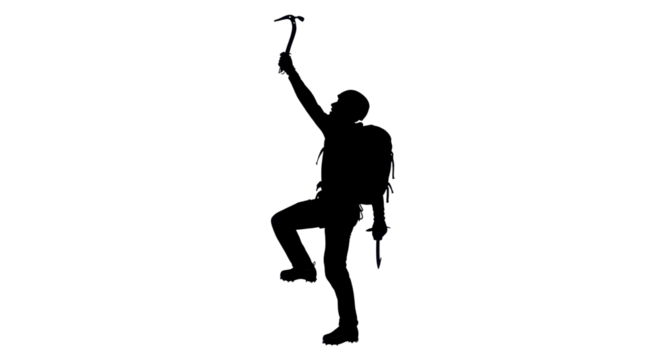 Silhouette of a climber with ice axe on white background