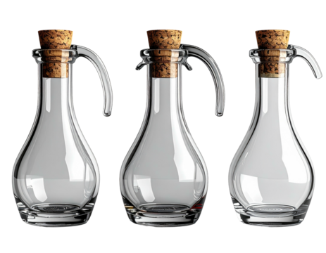 Three clear glass oil bottles with cork stoppers and handles