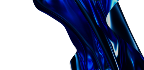 Abstract image of flowing blue silk fabric with reflective properties and elegant curves isolated on a white backdrop. Perfect for design and ar