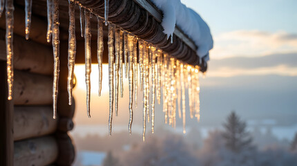 Icicles hang from a wooden roof edge during winter. Sunlight glistens off the ice.