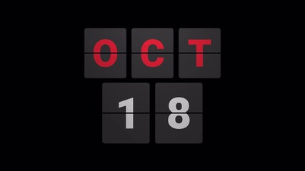 October 18 Flip Calendar Animation, Black Version, Transparent Background