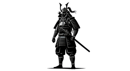Silhouette of a samurai warrior in full armor holding katana sword isolated PNG with Transparent Background