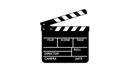 Film clapperboard displaying Film Scene Take Director Camera Date Roll isolated PNG with Transparent Background