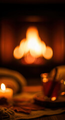 Cozy fireplace scene with soft warm light candles and cup blurred background