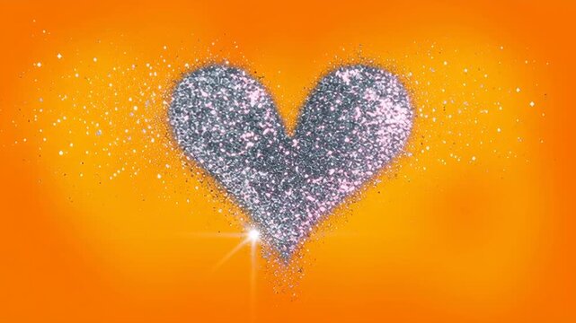 Silver heart glitter sparkle on orange background