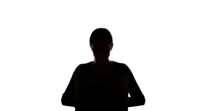 Silhouette of a woman sitting at a computer isolated PNG with Transparent Background