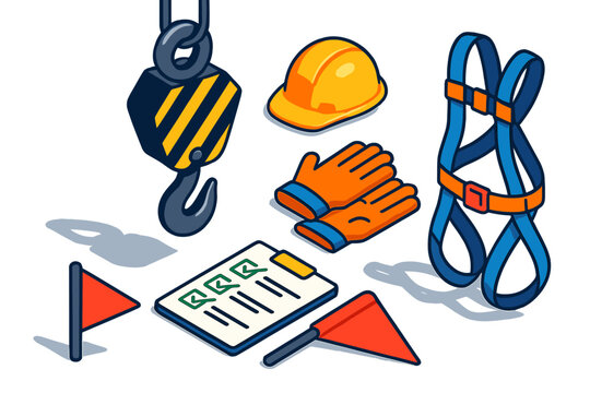 Construction Safety Gear. Isometric vector illustration set Crane Hook and Safety Gear: isolated hook with hard hat, gloves,