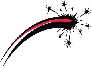 Dynamic black shooting star or comet tail graphic with a central red stripe, culminating in a stylized starburst explosion, symbolizing speed, celebration, and swift success.