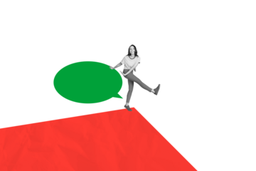 Composite photo collage of happy girl dance communication concept text box speech bubble conversation isolated on painted background