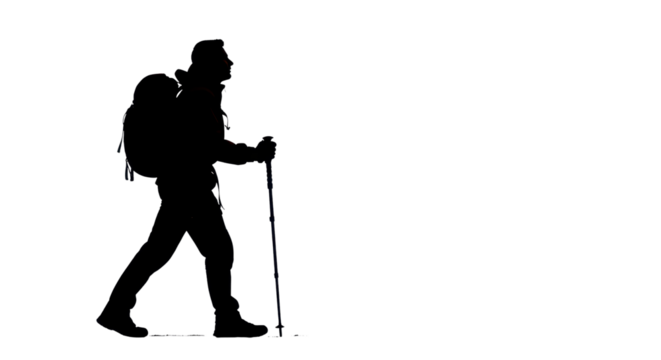Silhouette of hiker with backpack and trekking poles isolated PNG with Transparent Background