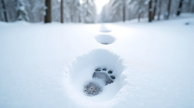 A large, distinctive paw print deeply pressed into fresh, pristine snow, leading a mysterious path through a tranquil winter forest. Close up on a wildlife track.