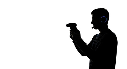 Silhouette of a man playing video games with a controller and headset isolated PNG with Transparent Background